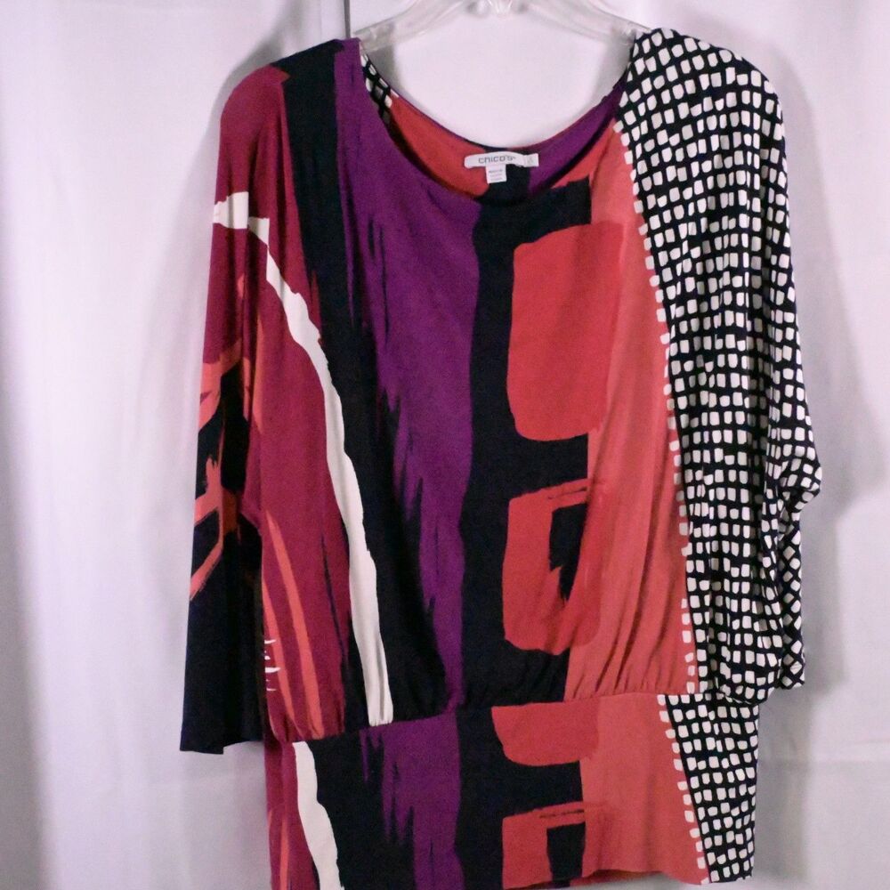 Chico's Touch of Cool Banded Hem Tee‎ Abstract Womens 2/12 3/4 Sleeve